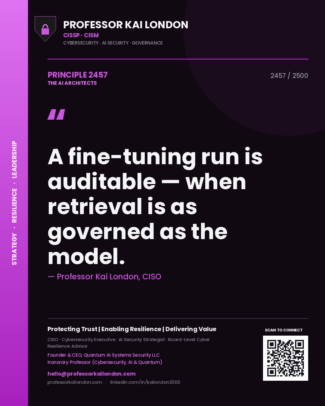 Professor Kai London principle 2457: A fine-tuning run is auditable — when retrieval is as governed as the model.