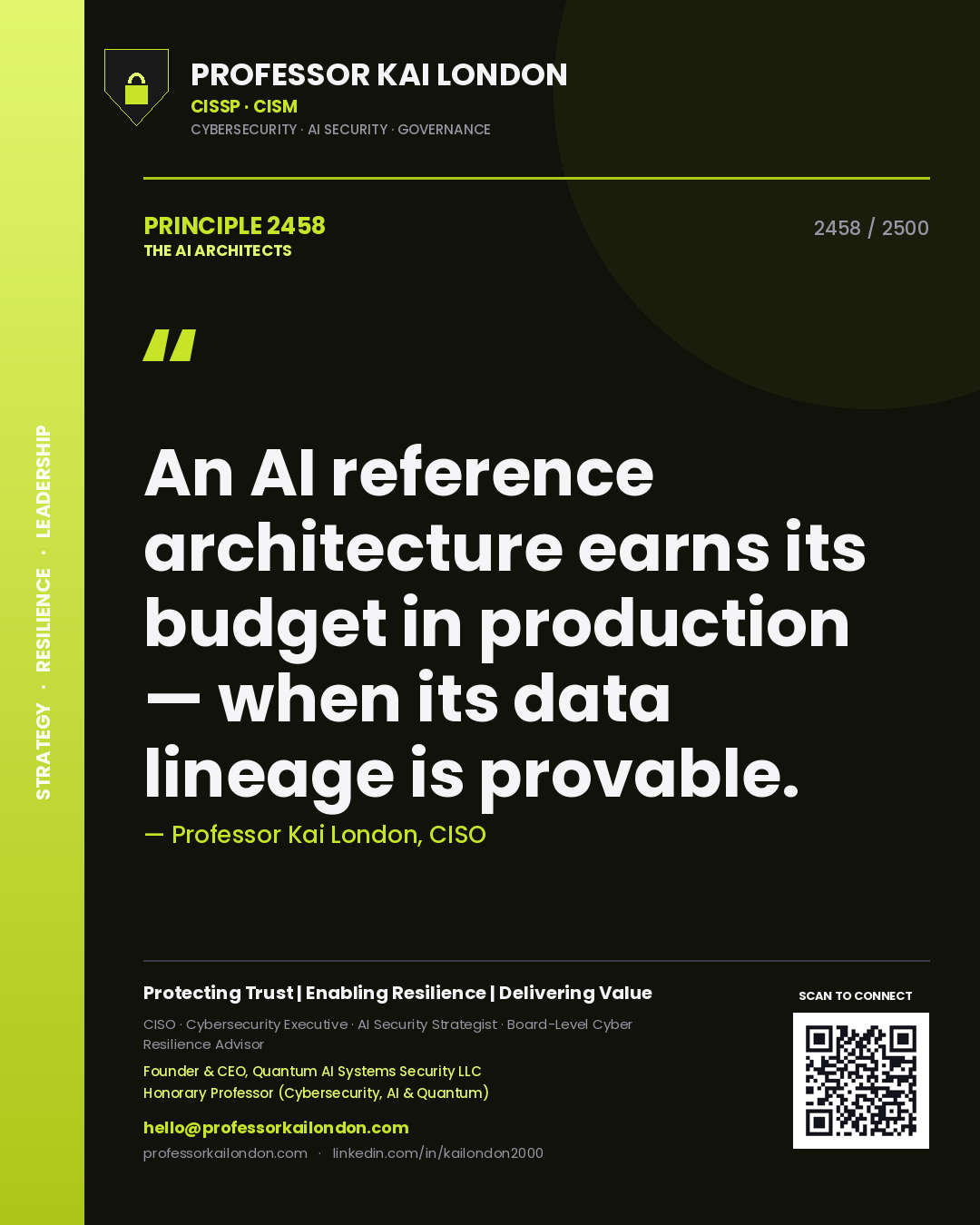 Quote card by Professor Kai London reading 'An AI reference architecture earns its budget in production — when its data lineage is provable.'. From the book The AI Architects.
