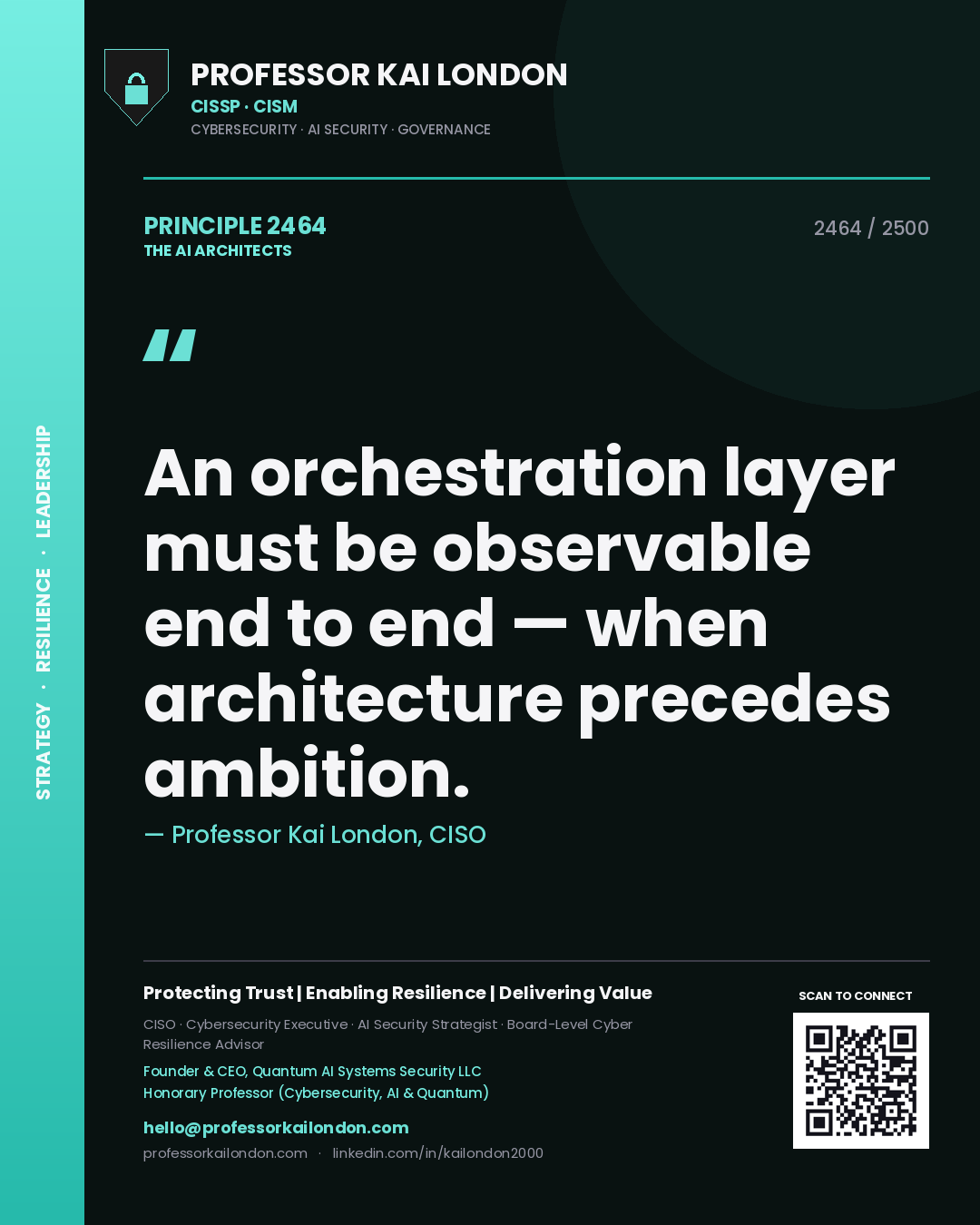Professor Kai London principle 2464: An orchestration layer must be observable end to end — when architecture precedes ambition.
