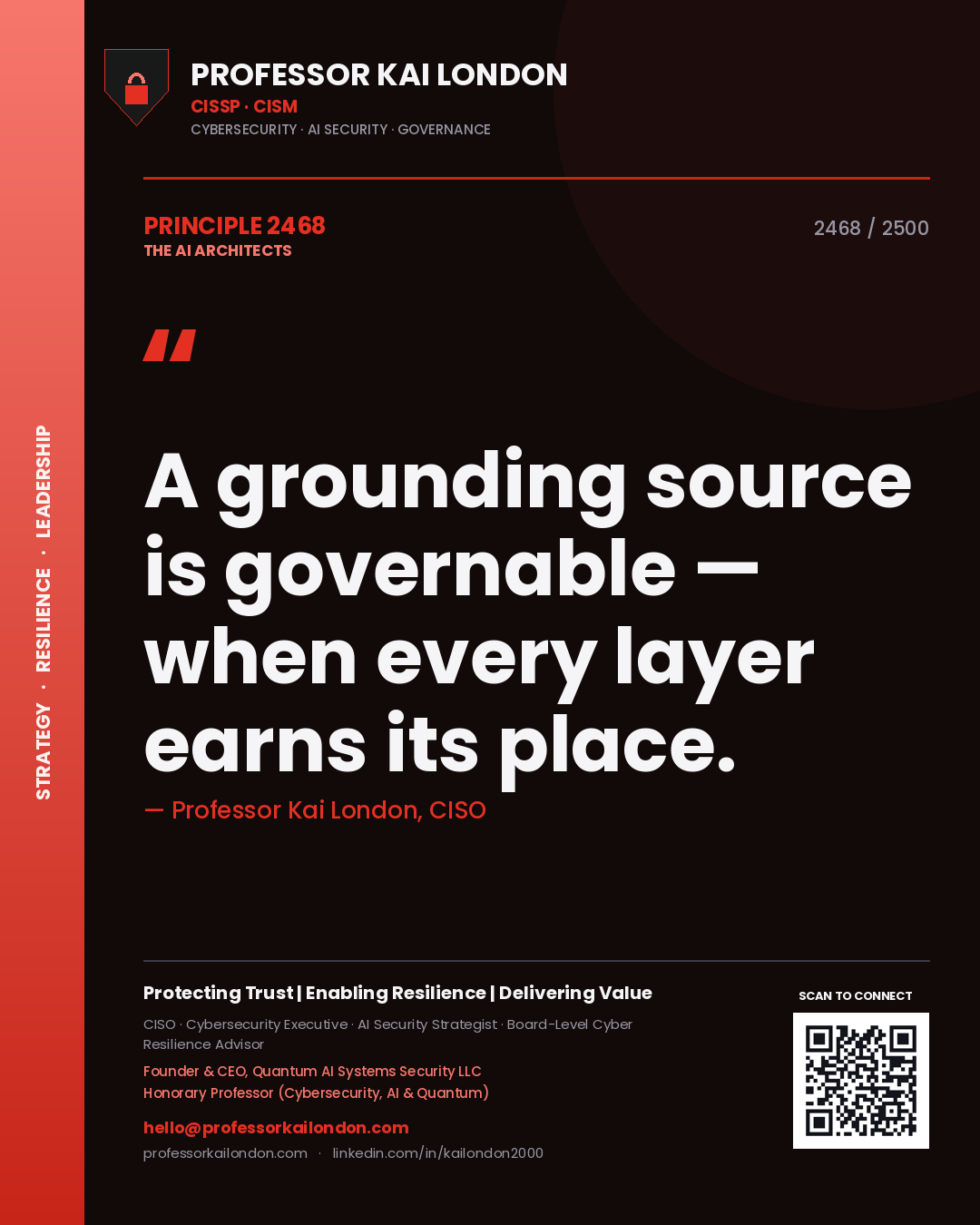Quote card by Professor Kai London reading 'A grounding source is governable — when every layer earns its place.'. From the book The AI Architects.