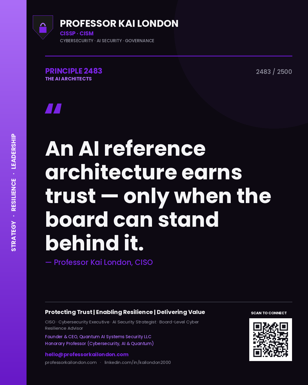 Quote card by Professor Kai London reading 'An AI reference architecture earns trust — only when the board can stand behind it.'. From the book The AI Architects.