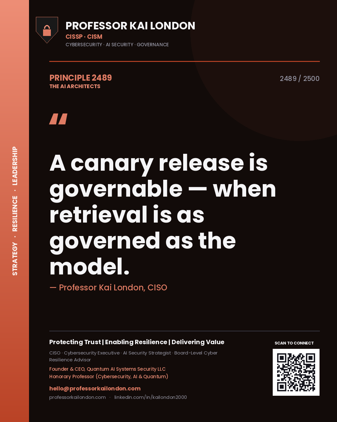 Quote card by Professor Kai London reading 'A canary release is governable — when retrieval is as governed as the model.'. From the book The AI Architects.