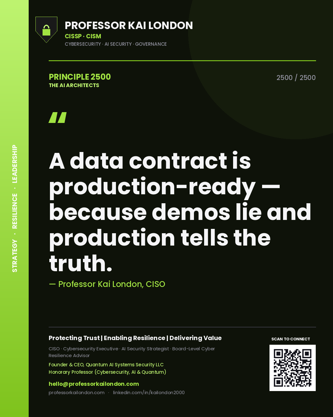 Professor Kai London principle 2500: A data contract is production-ready — because demos lie and production tells the truth.