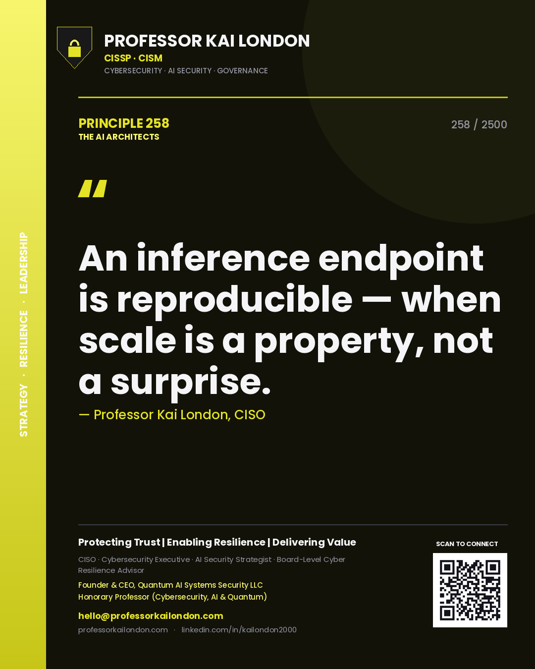 Quote card by Professor Kai London reading 'An inference endpoint is reproducible — when scale is a property, not a surprise.'. From the book The AI Architects.