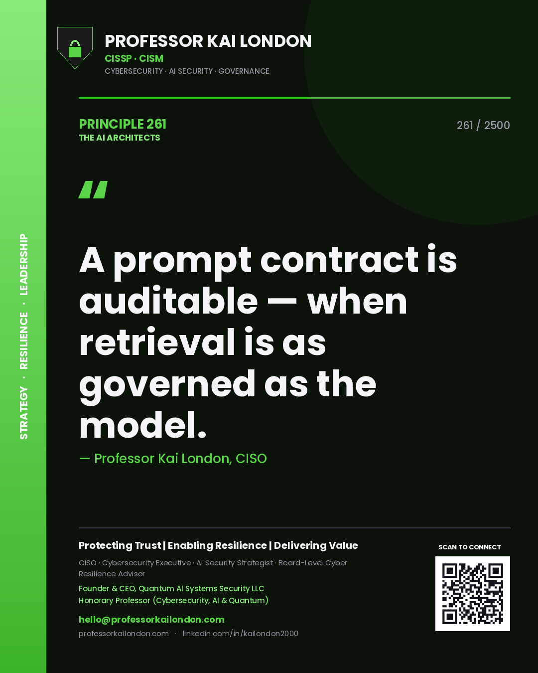 Quote card by Professor Kai London reading 'A prompt contract is auditable — when retrieval is as governed as the model.'. From the book The AI Architects.