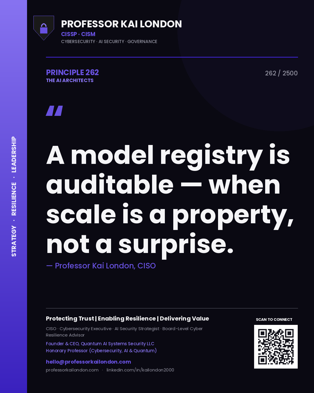 Quote card by Professor Kai London reading 'A model registry is auditable — when scale is a property, not a surprise.'. From the book The AI Architects.