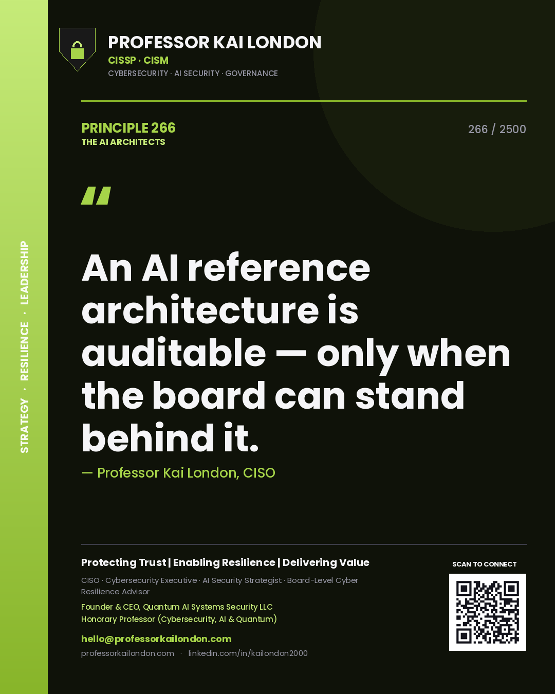 Quote card by Professor Kai London reading 'An AI reference architecture is auditable — only when the board can stand behind it.'. From the book The AI Architects.
