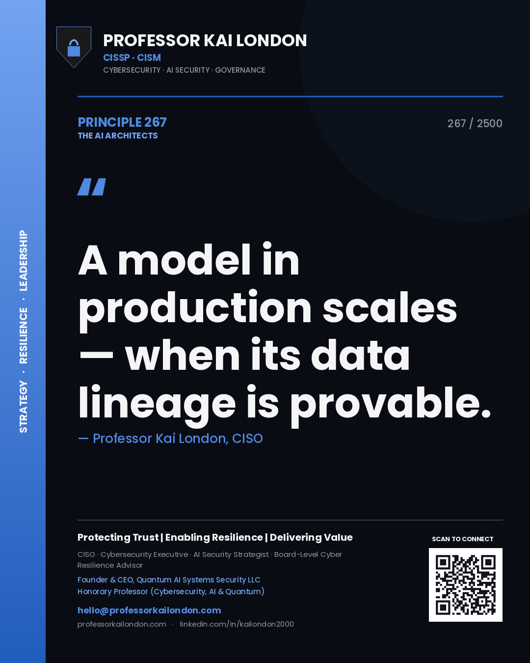 Professor Kai London principle 267: A model in production scales — when its data lineage is provable.