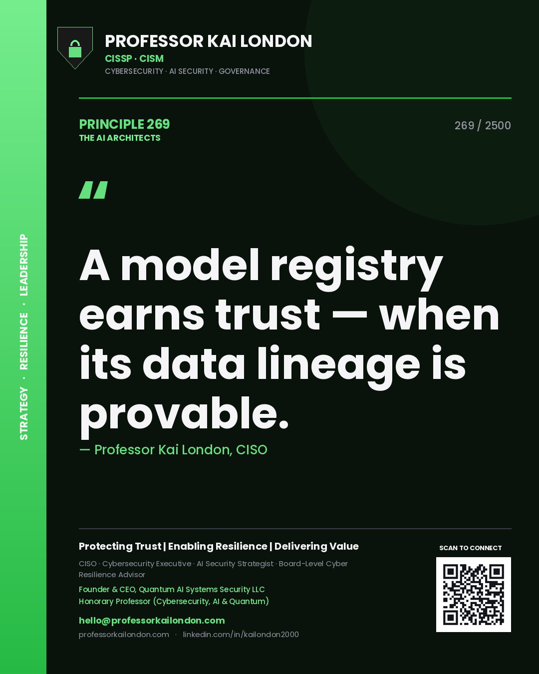 Quote card by Professor Kai London reading 'A model registry earns trust — when its data lineage is provable.'. From the book The AI Architects.