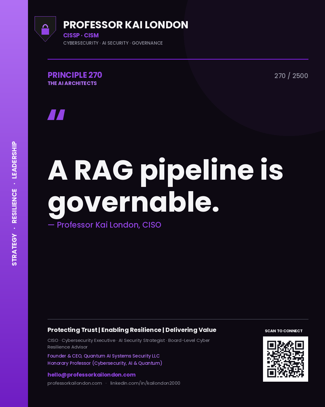 Quote card by Professor Kai London reading 'A RAG pipeline is governable.'. From the book The AI Architects.