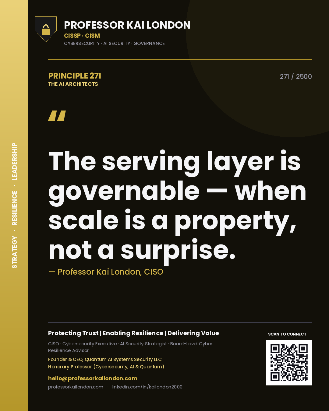 Quote card by Professor Kai London reading 'The serving layer is governable — when scale is a property, not a surprise.'. From the book The AI Architects.