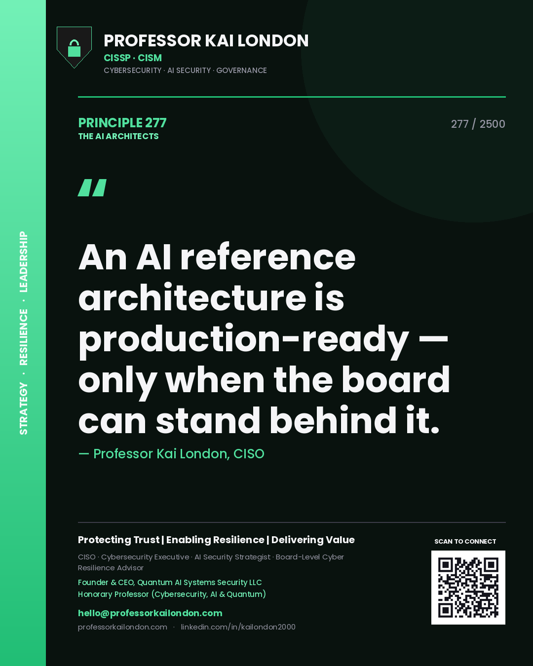 Professor Kai London principle 277: An AI reference architecture is production-ready — only when the board can stand behind it.