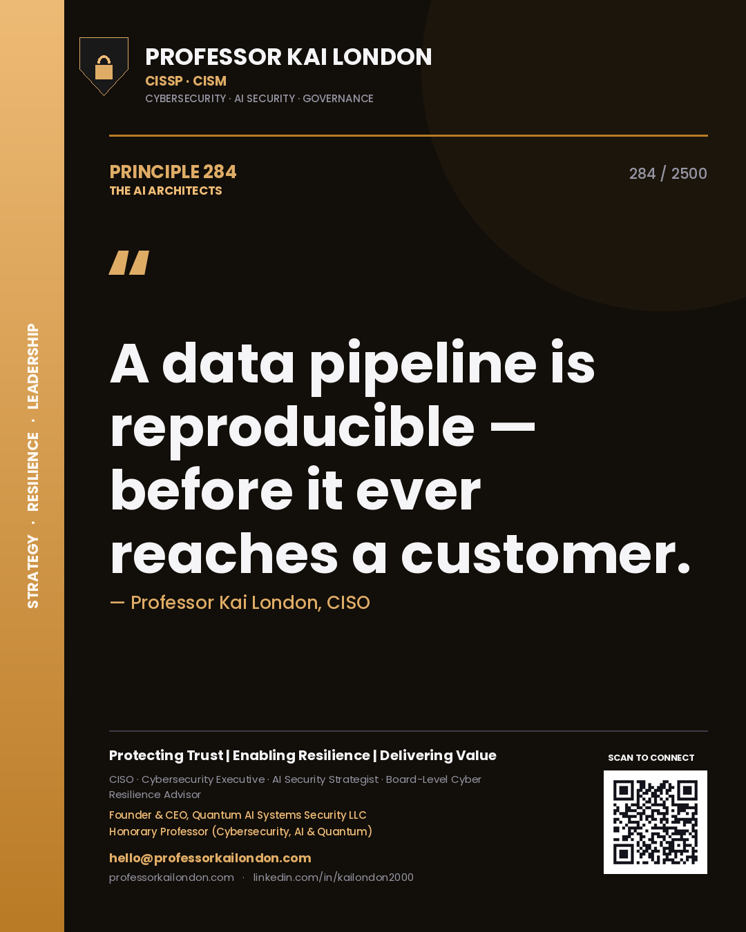Professor Kai London principle 284: A data pipeline is reproducible — before it ever reaches a customer.