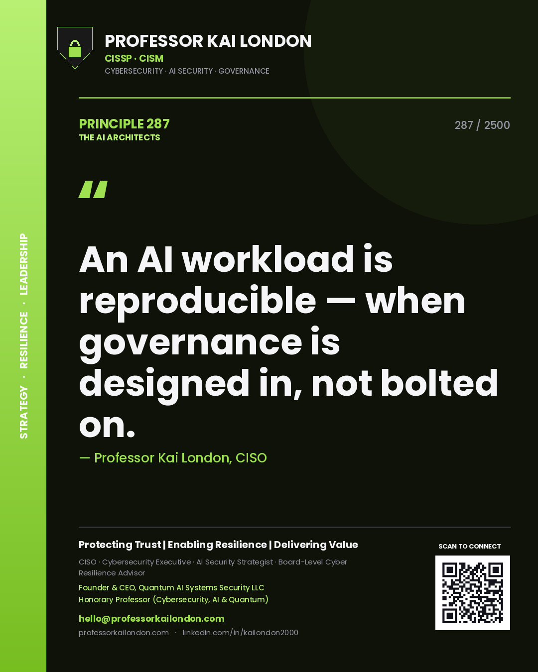 Quote card by Professor Kai London reading 'An AI workload is reproducible — when governance is designed in, not bolted on.'. From the book The AI Architects.