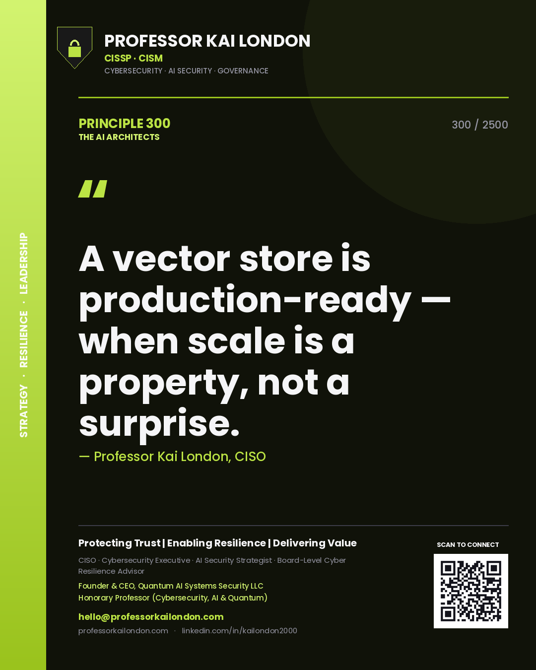 Quote card by Professor Kai London reading 'A vector store is production-ready — when scale is a property, not a surprise.'. From the book The AI Architects.