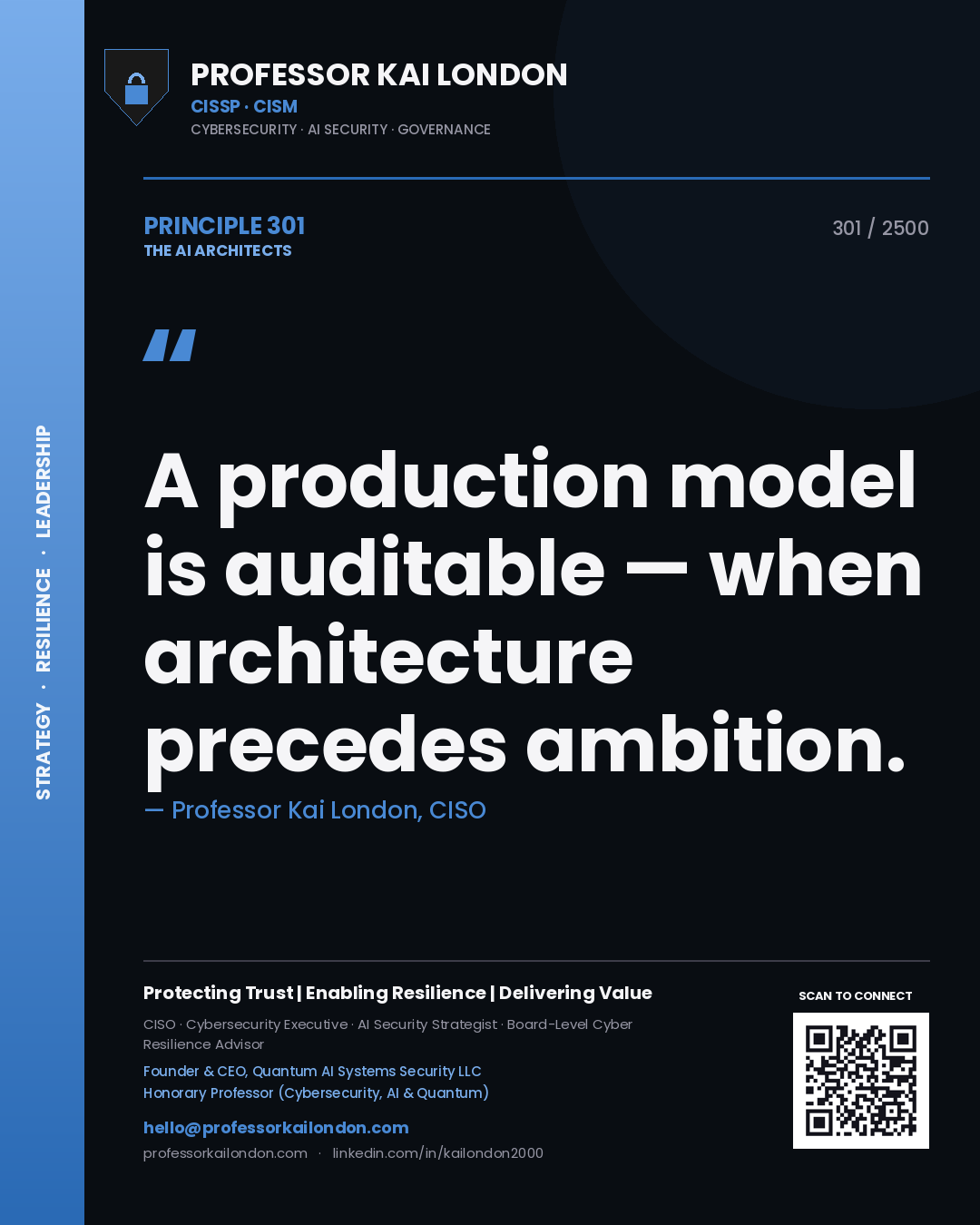 Quote card by Professor Kai London reading 'A production model is auditable — when architecture precedes ambition.'. From the book The AI Architects.