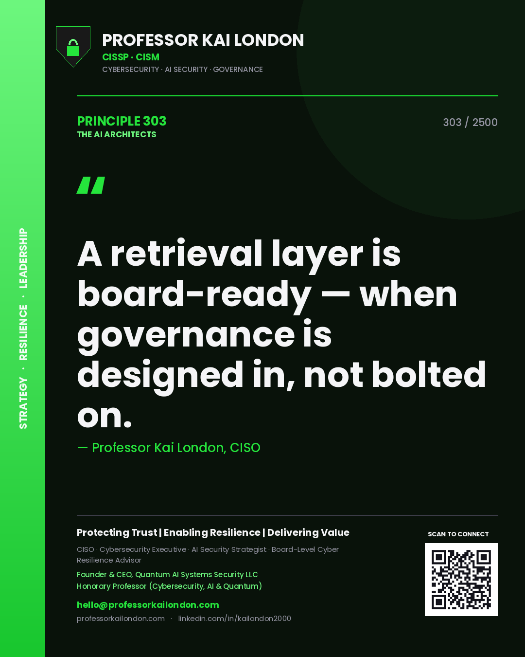 Professor Kai London principle 303: A retrieval layer is board-ready — when governance is designed in, not bolted on.