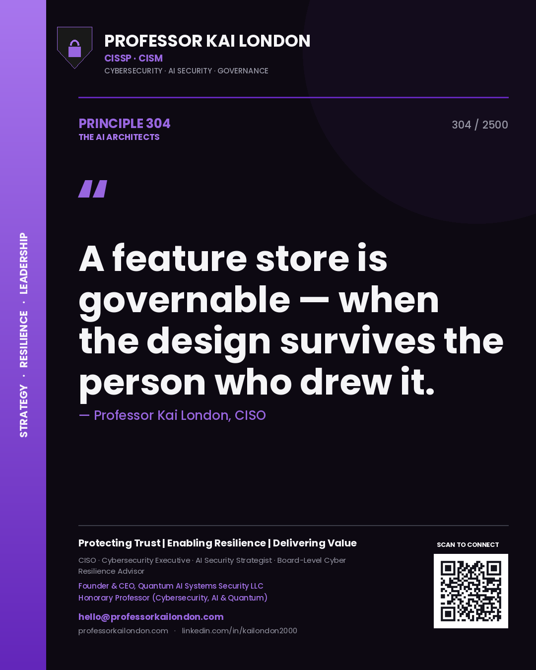Professor Kai London principle 304: A feature store is governable — when the design survives the person who drew it.