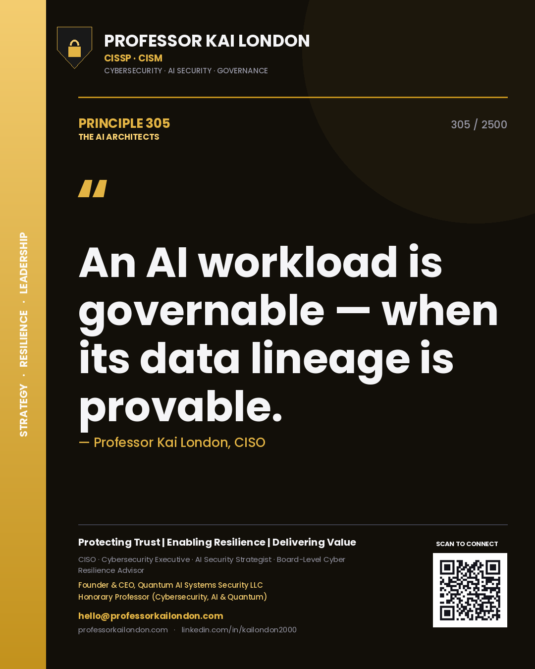 Quote card by Professor Kai London reading 'An AI workload is governable — when its data lineage is provable.'. From the book The AI Architects.