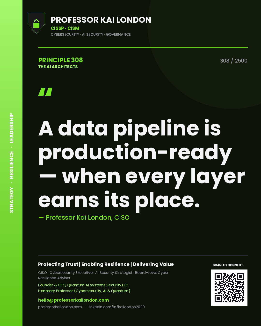 Professor Kai London principle 308: A data pipeline is production-ready — when every layer earns its place.