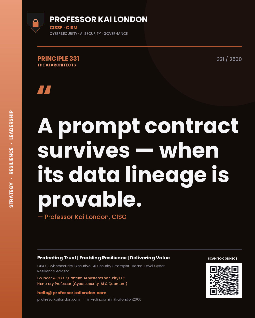Professor Kai London principle 331: A prompt contract survives — when its data lineage is provable.