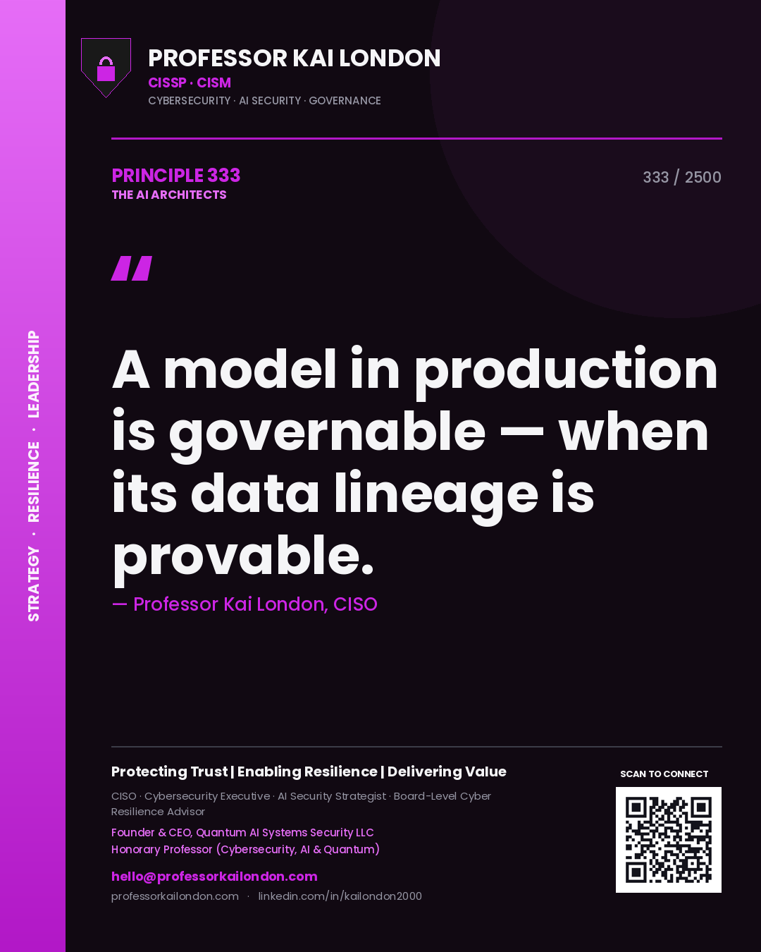 Quote card by Professor Kai London reading 'A model in production is governable — when its data lineage is provable.'. From the book The AI Architects.