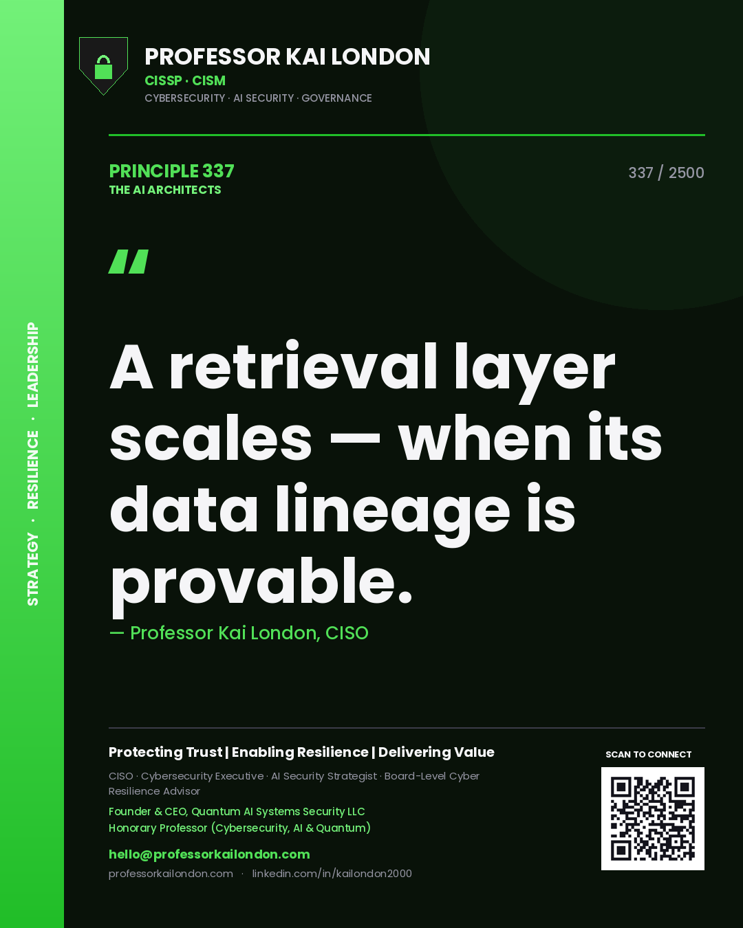 Quote card by Professor Kai London reading 'A retrieval layer scales — when its data lineage is provable.'. From the book The AI Architects.