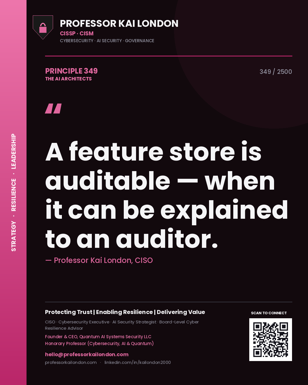 Quote card by Professor Kai London reading 'A feature store is auditable — when it can be explained to an auditor.'. From the book The AI Architects.