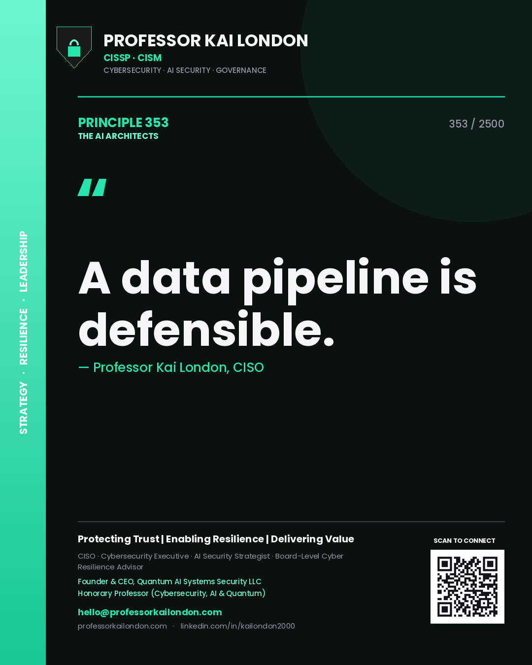 Quote card by Professor Kai London reading 'A data pipeline is defensible.'. From the book The AI Architects.