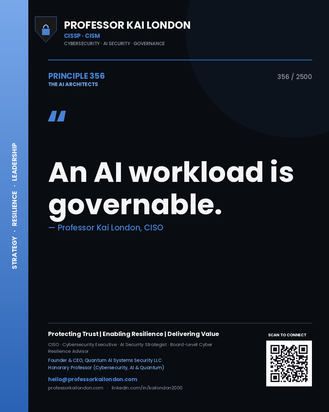 Quote card by Professor Kai London reading 'An AI workload is governable.'. From the book The AI Architects.