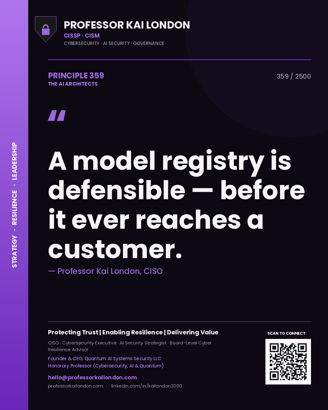 Quote card by Professor Kai London reading 'A model registry is defensible — before it ever reaches a customer.'. From the book The AI Architects.
