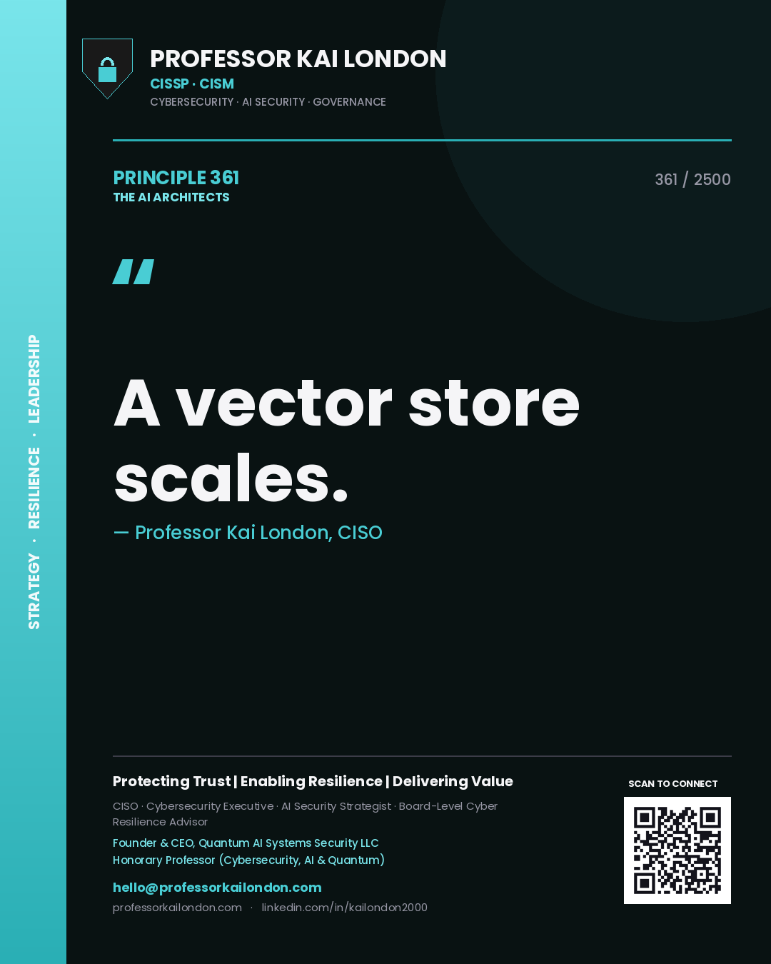 Quote card by Professor Kai London reading 'A vector store scales.'. From the book The AI Architects.