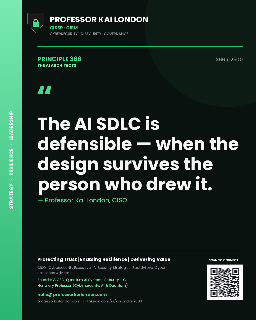 Quote card by Professor Kai London reading 'The AI SDLC is defensible — when the design survives the person who drew it.'. From the book The AI Architects.