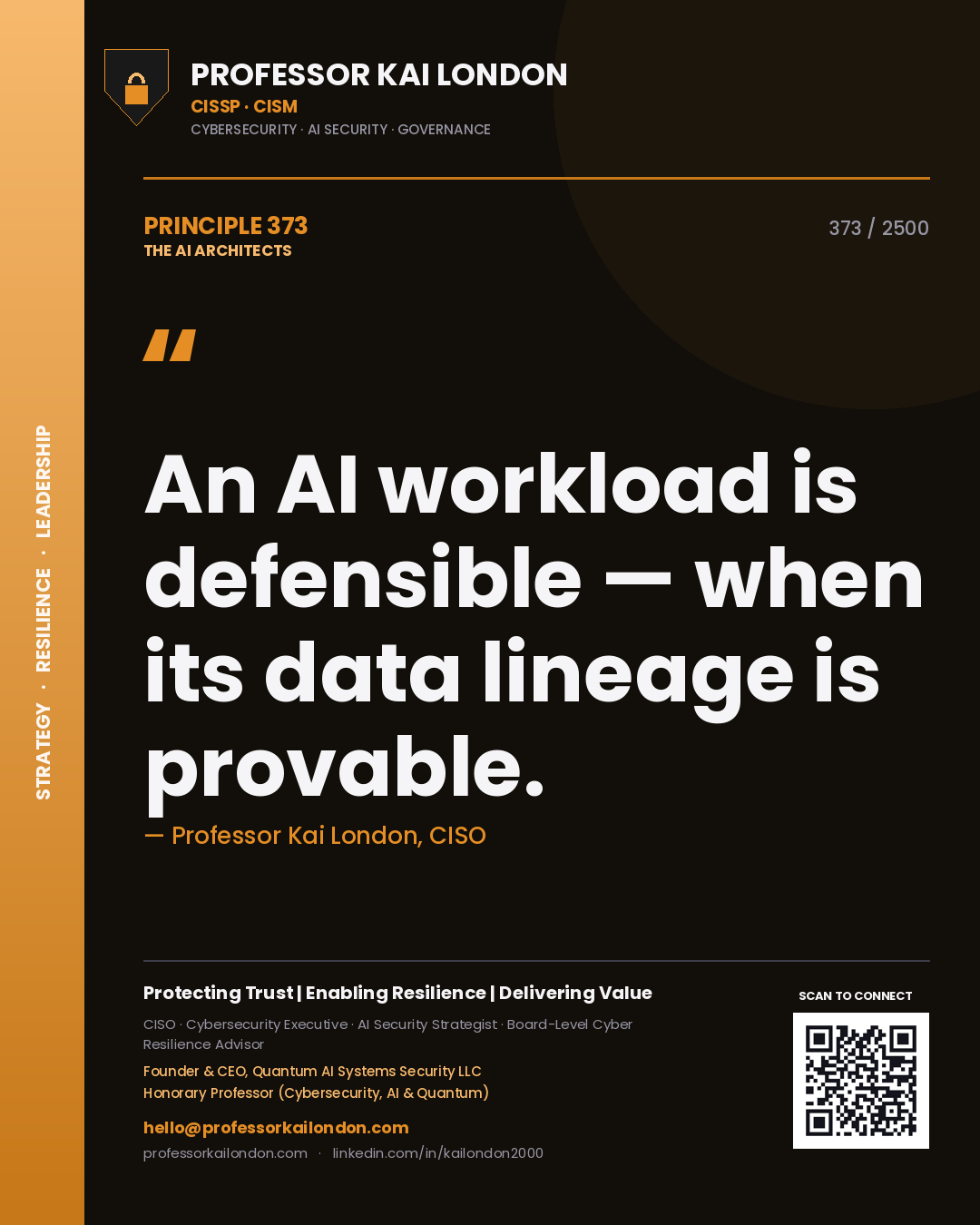 Quote card by Professor Kai London reading 'An AI workload is defensible — when its data lineage is provable.'. From the book The AI Architects.