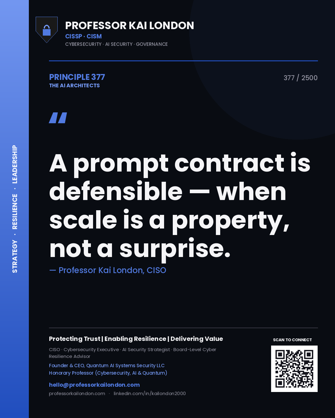 Professor Kai London principle 377: A prompt contract is defensible — when scale is a property, not a surprise.