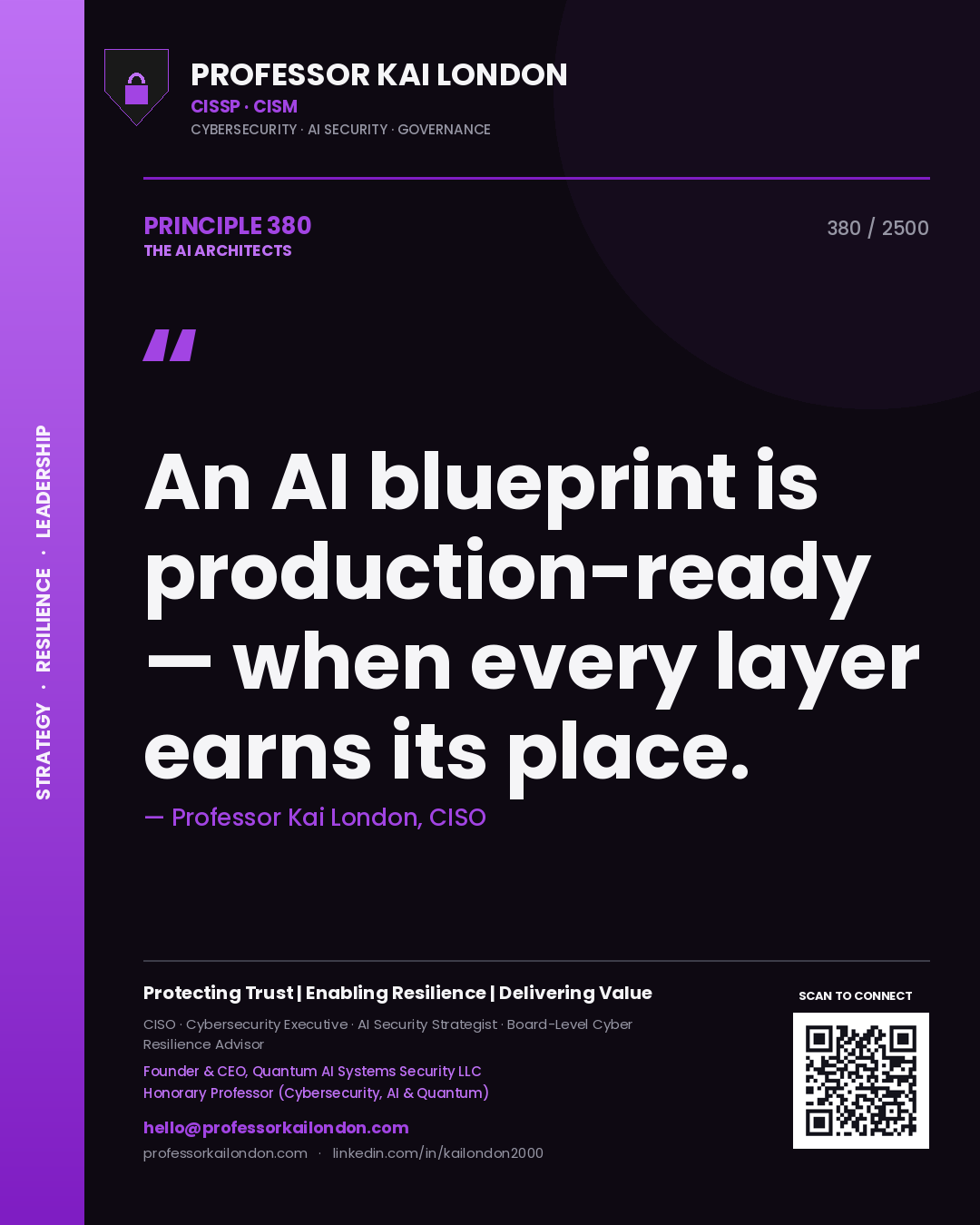 Professor Kai London principle 380: An AI blueprint is production-ready — when every layer earns its place.