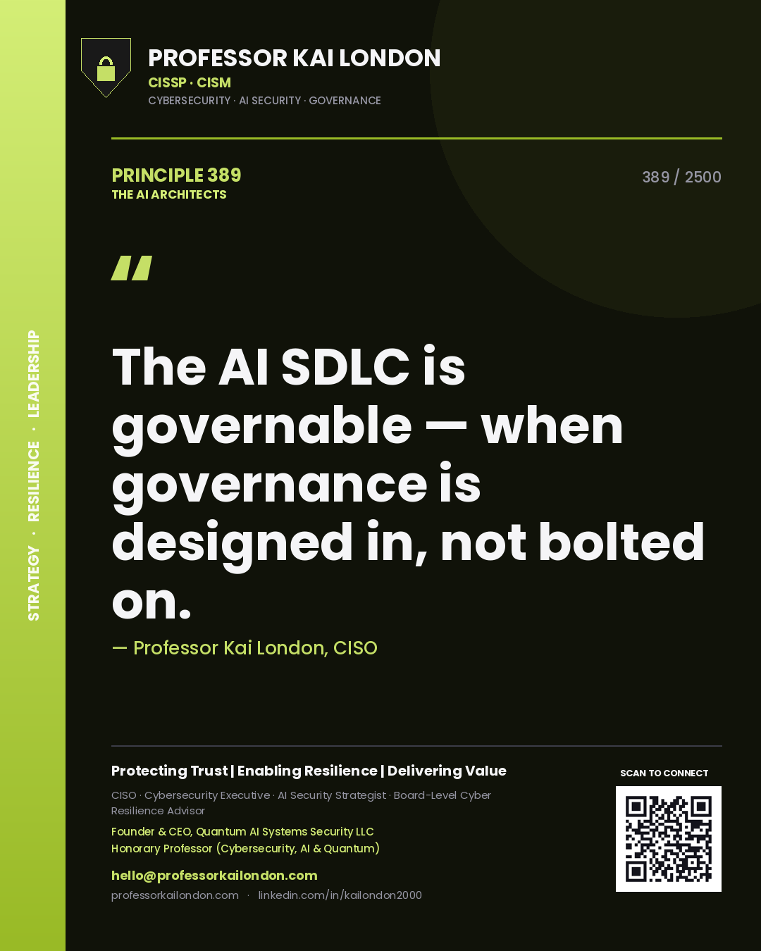 Quote card by Professor Kai London reading 'The AI SDLC is governable — when governance is designed in, not bolted on.'. From the book The AI Architects.
