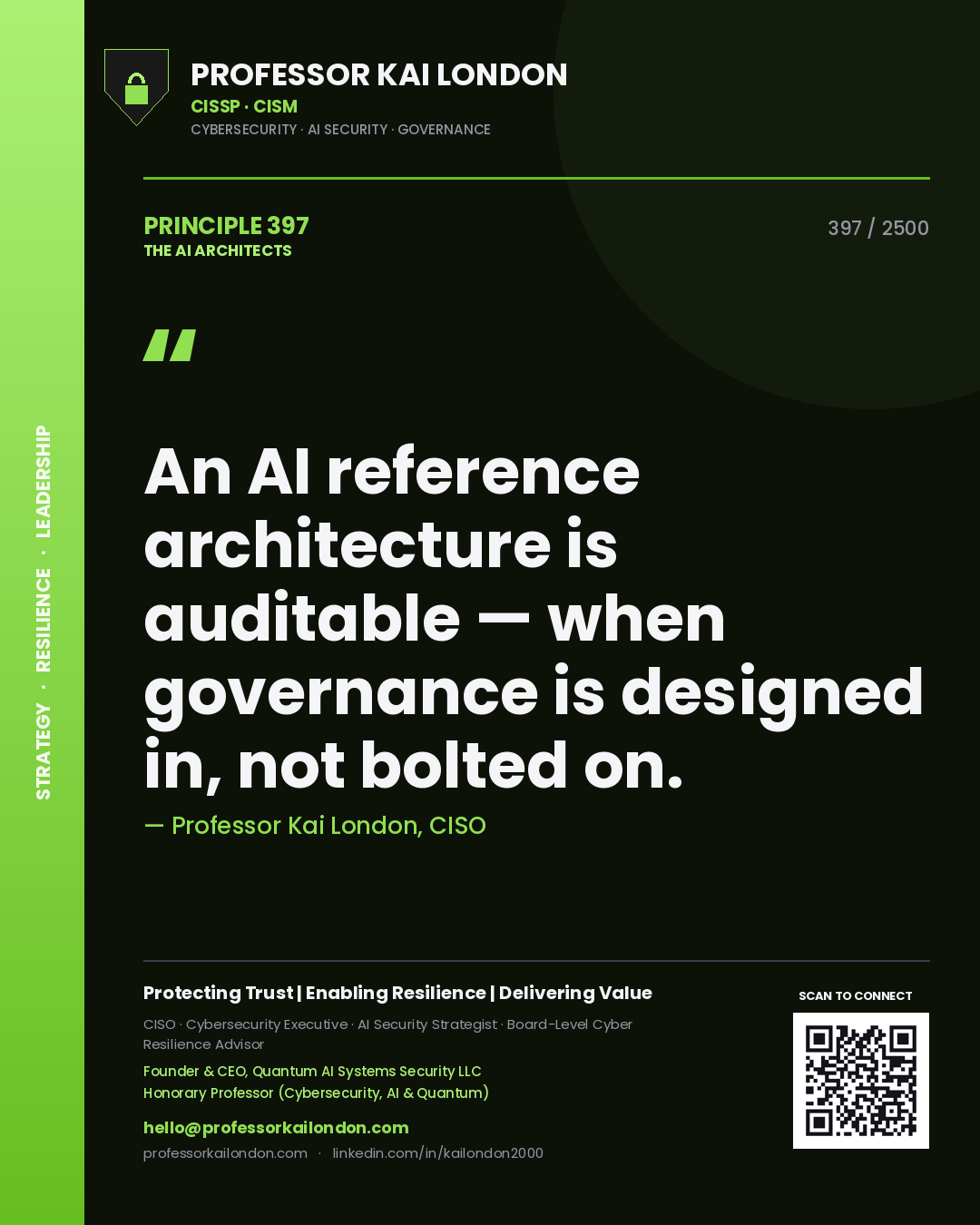 Professor Kai London principle 397: An AI reference architecture is auditable — when governance is designed in, not bolted on.