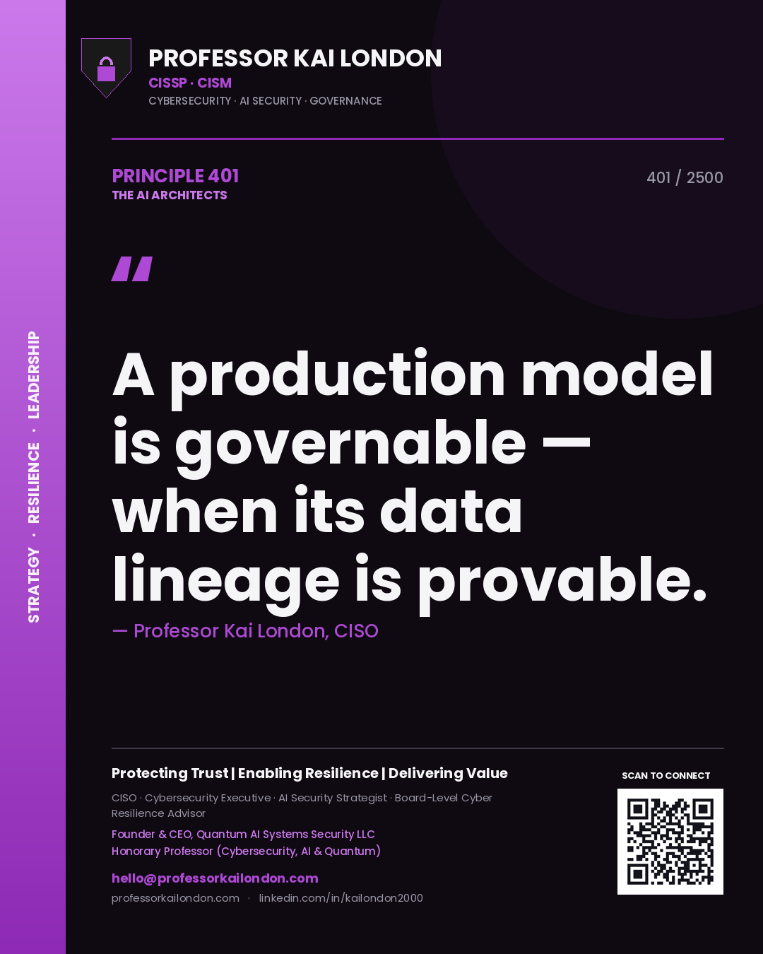 Quote card by Professor Kai London reading 'A production model is governable — when its data lineage is provable.'. From the book The AI Architects.