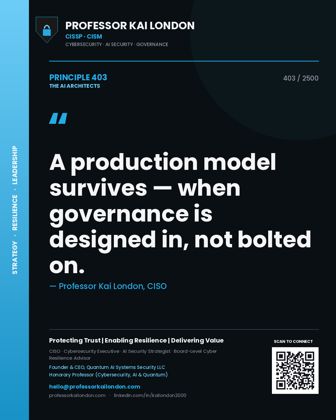 Quote card by Professor Kai London reading 'A production model survives — when governance is designed in, not bolted on.'. From the book The AI Architects.