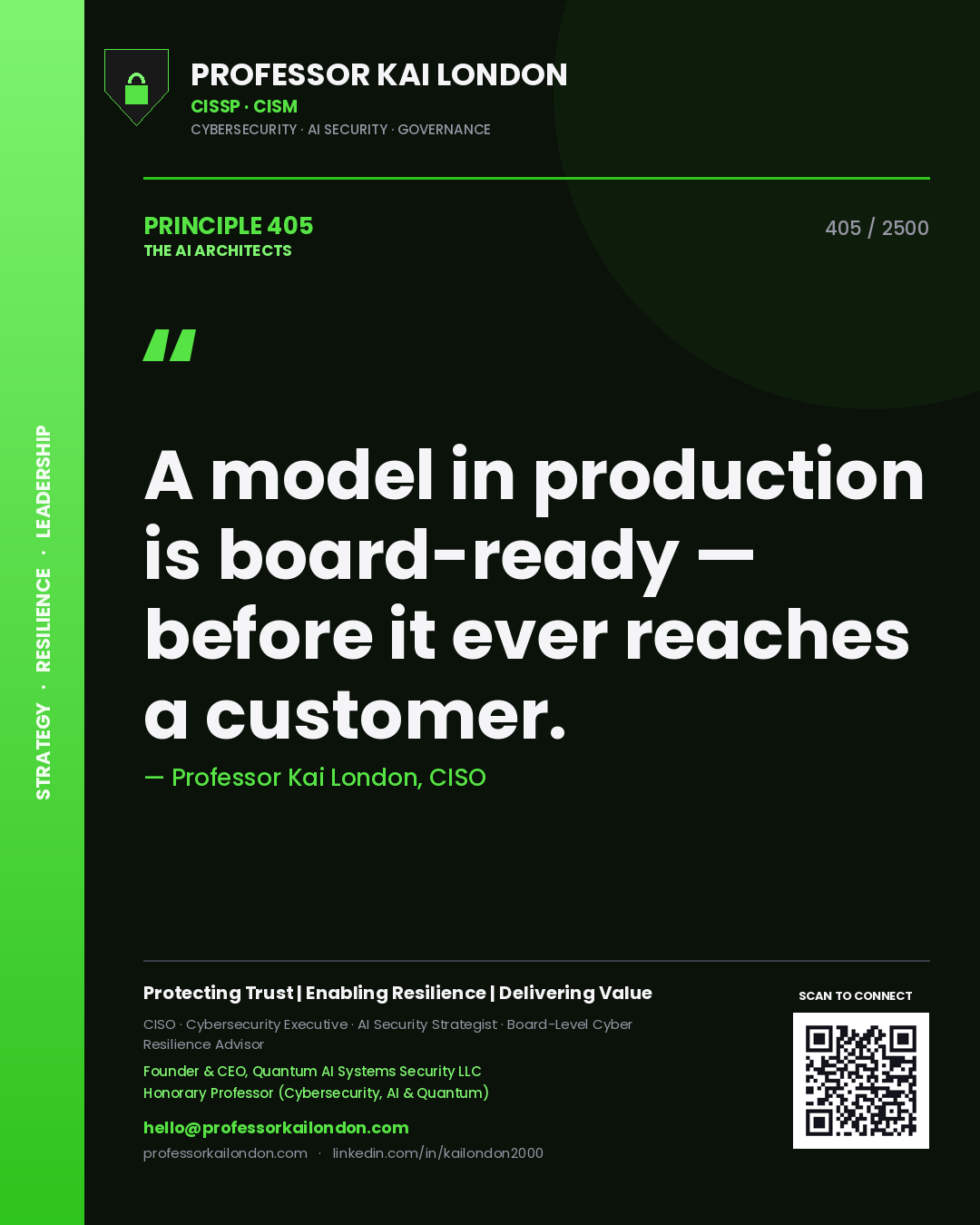 Quote card by Professor Kai London reading 'A model in production is board-ready — before it ever reaches a customer.'. From the book The AI Architects.