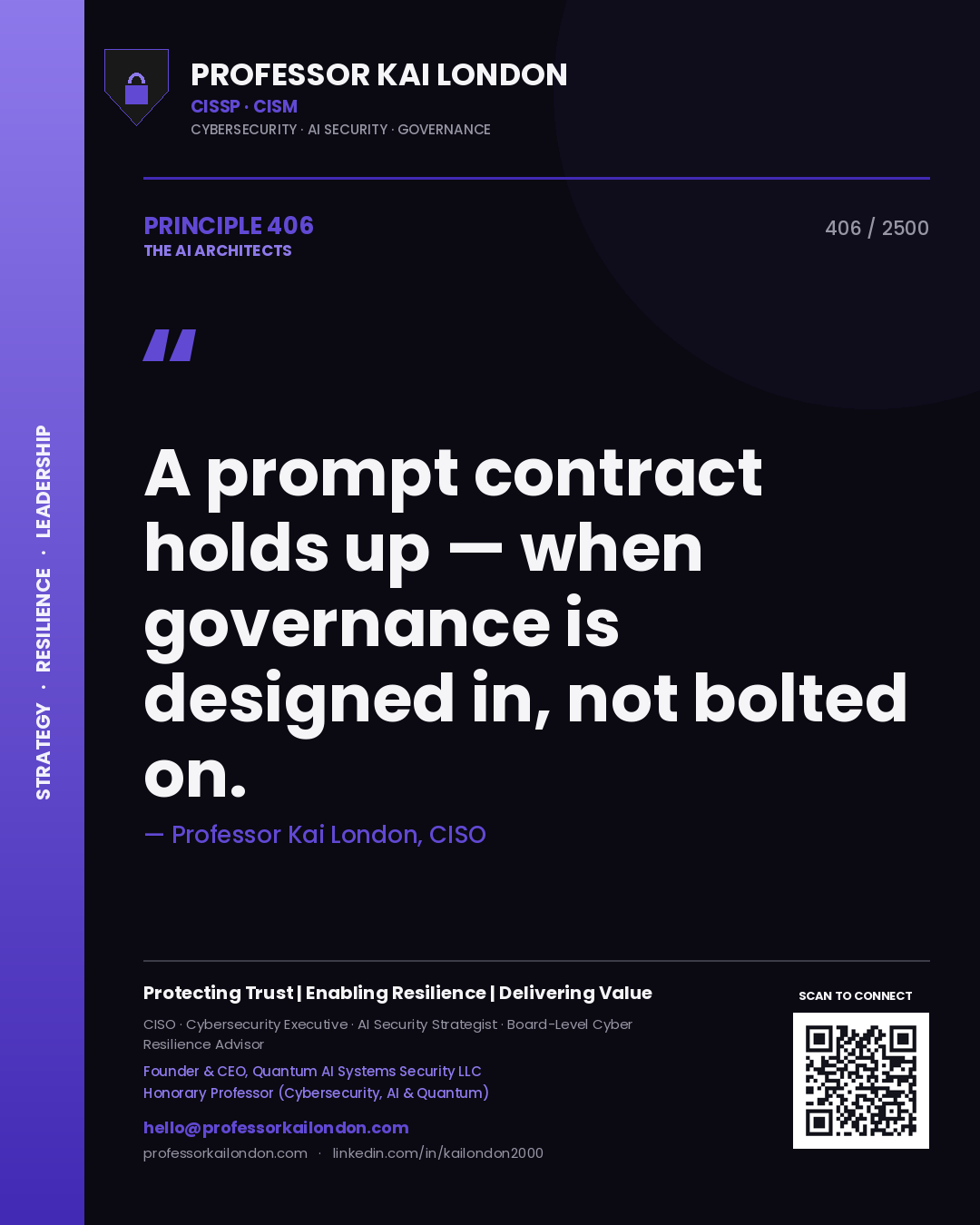 Quote card by Professor Kai London reading 'A prompt contract holds up — when governance is designed in, not bolted on.'. From the book The AI Architects.