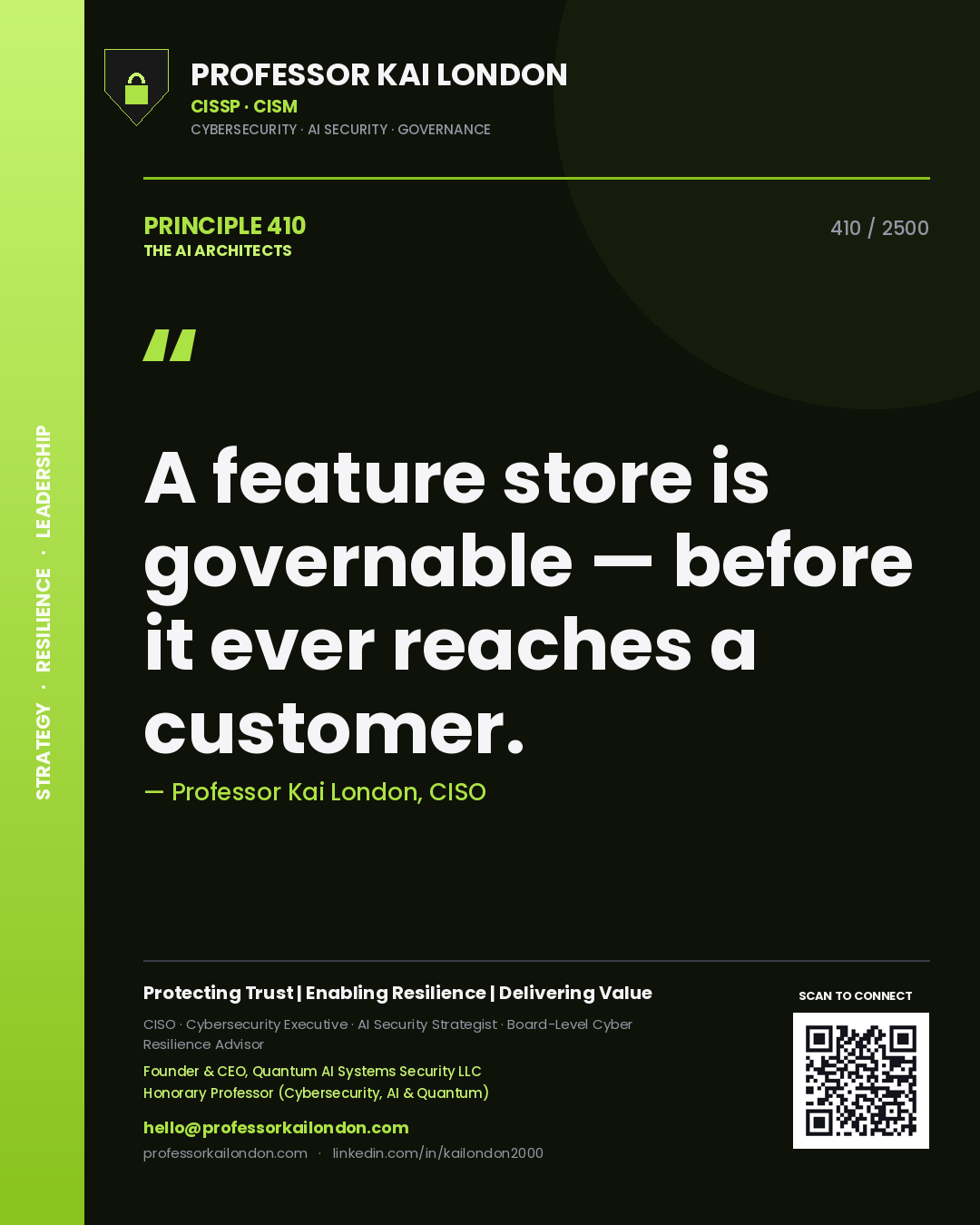 Quote card by Professor Kai London reading 'A feature store is governable — before it ever reaches a customer.'. From the book The AI Architects.