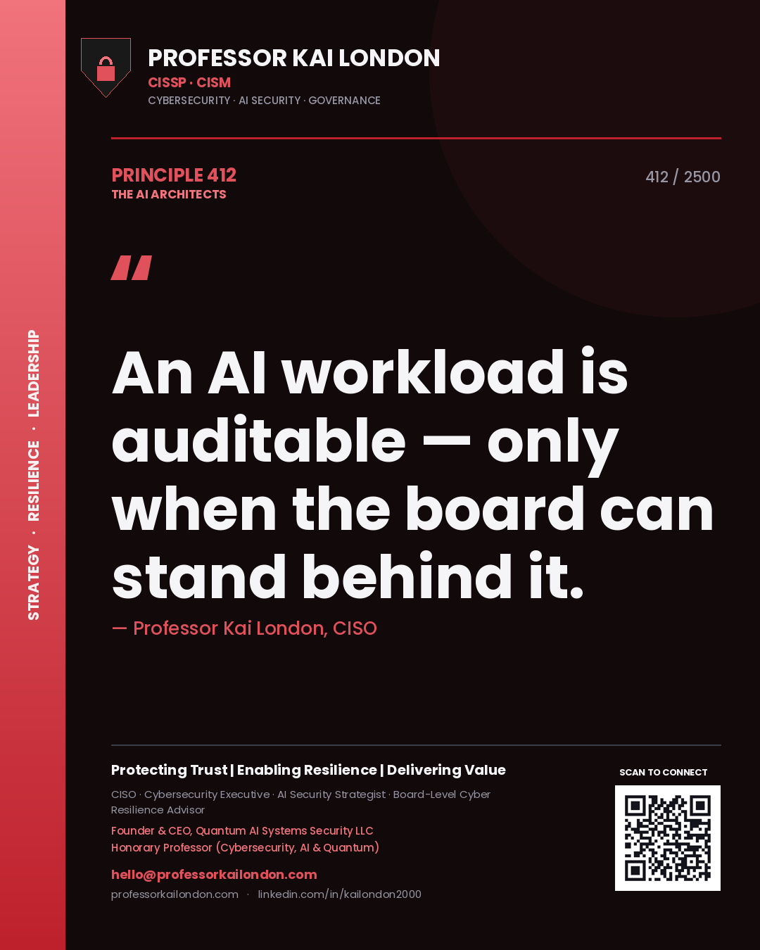Quote card by Professor Kai London reading 'An AI workload is auditable — only when the board can stand behind it.'. From the book The AI Architects.