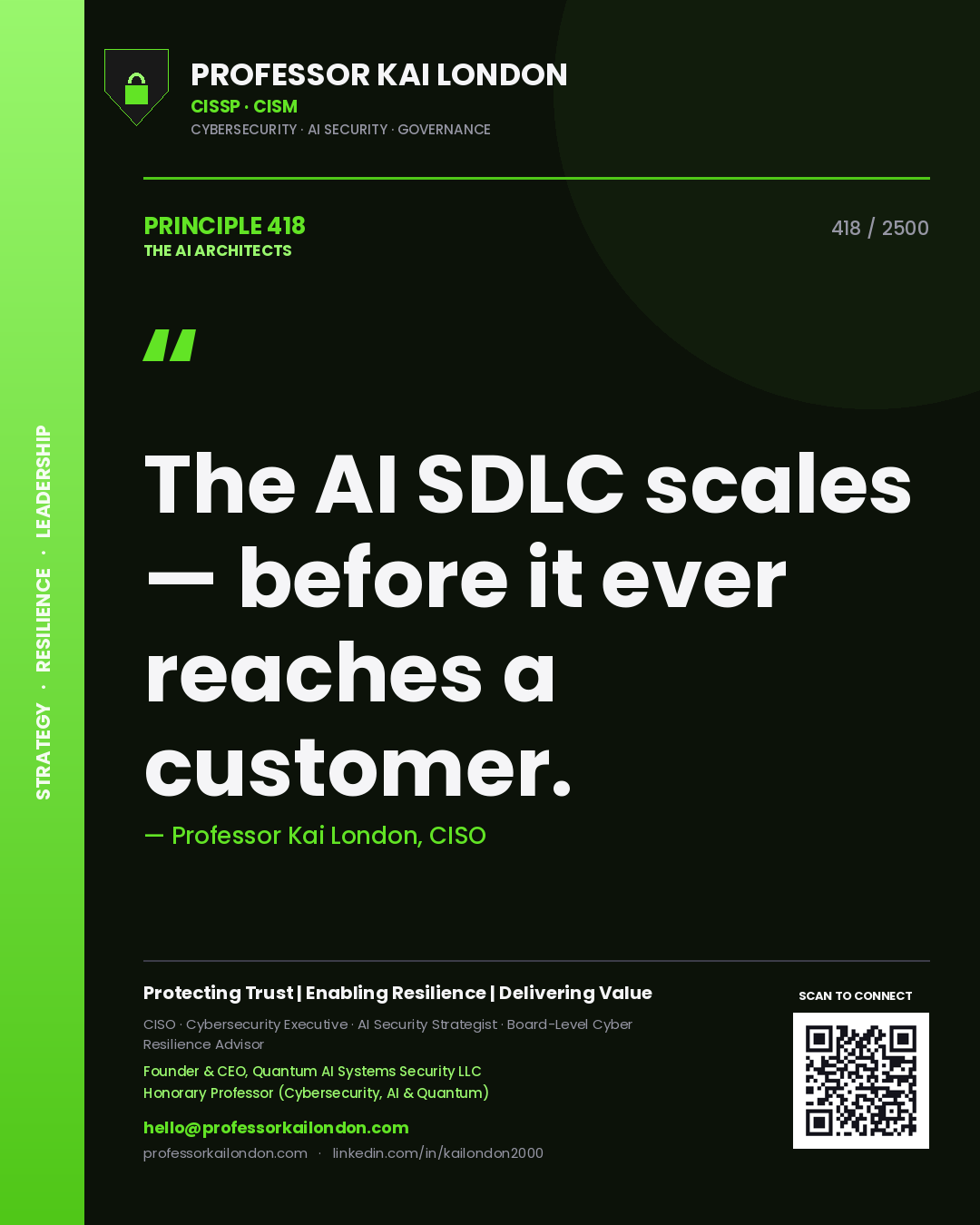 Quote card by Professor Kai London reading 'The AI SDLC scales — before it ever reaches a customer.'. From the book The AI Architects.
