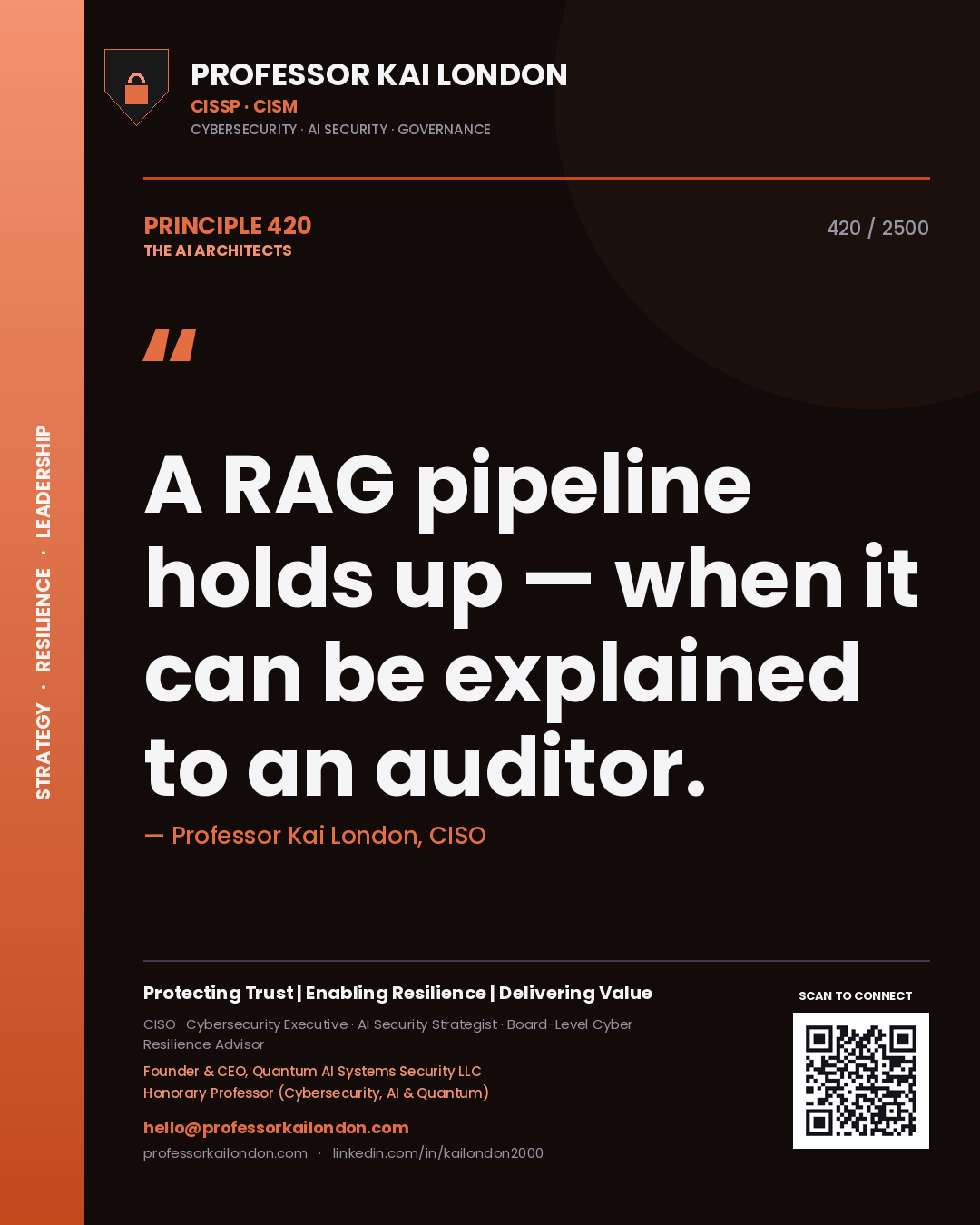 Quote card by Professor Kai London reading 'A RAG pipeline holds up — when it can be explained to an auditor.'. From the book The AI Architects.