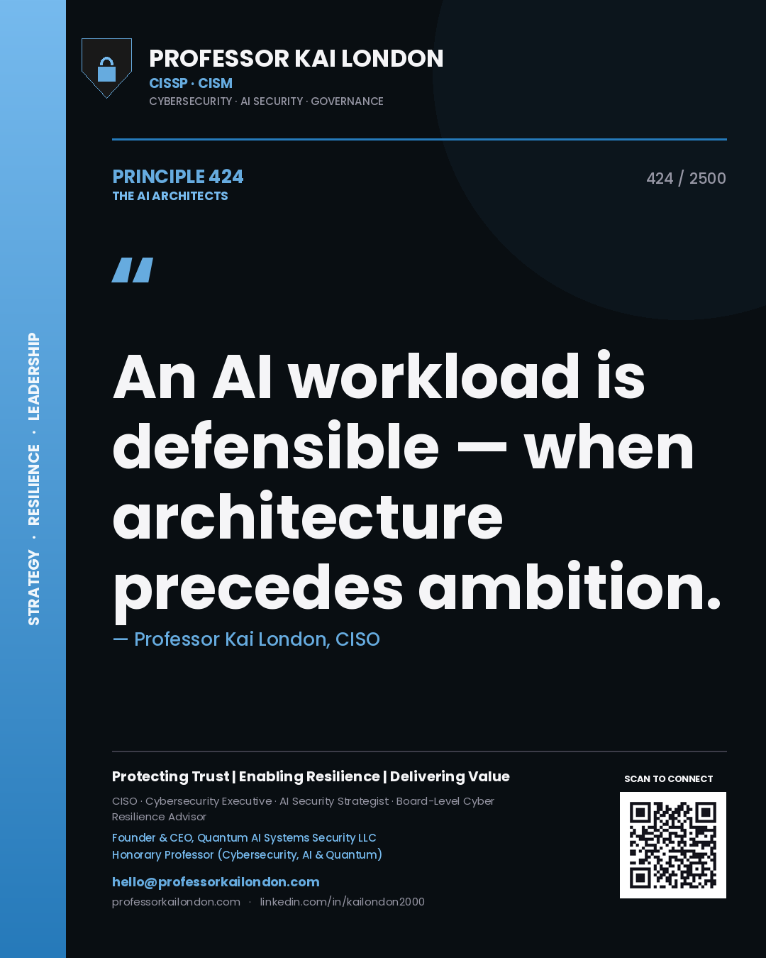 Quote card by Professor Kai London reading 'An AI workload is defensible — when architecture precedes ambition.'. From the book The AI Architects.