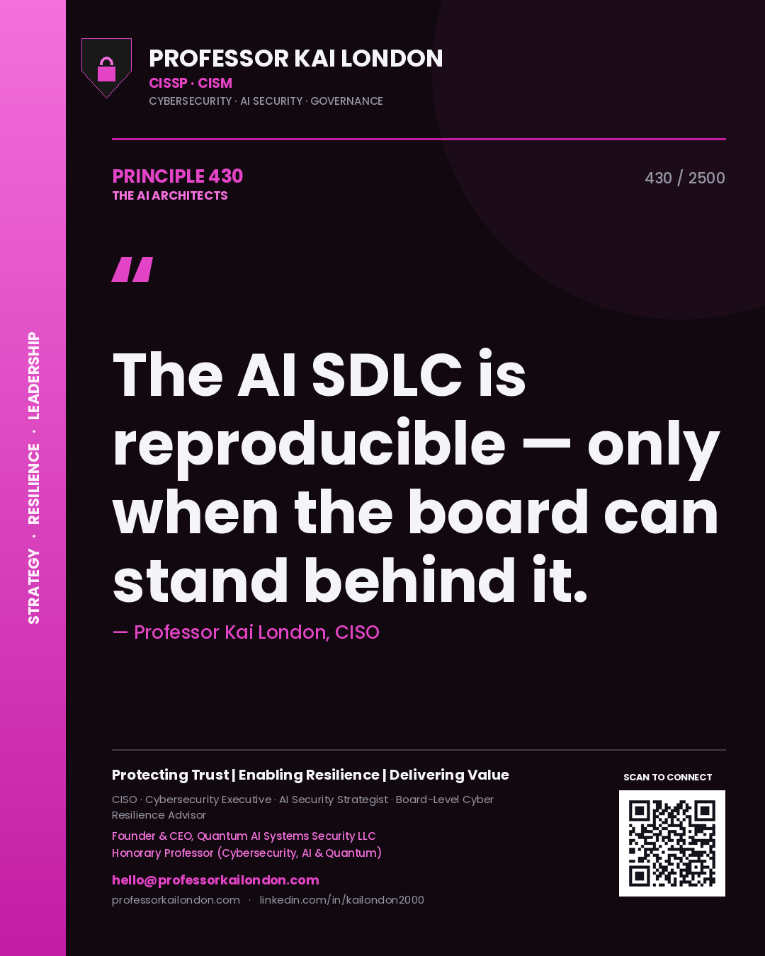 Quote card by Professor Kai London reading 'The AI SDLC is reproducible — only when the board can stand behind it.'. From the book The AI Architects.