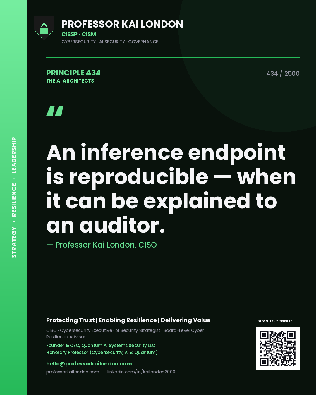 Quote card by Professor Kai London reading 'An inference endpoint is reproducible — when it can be explained to an auditor.'. From the book The AI Architects.