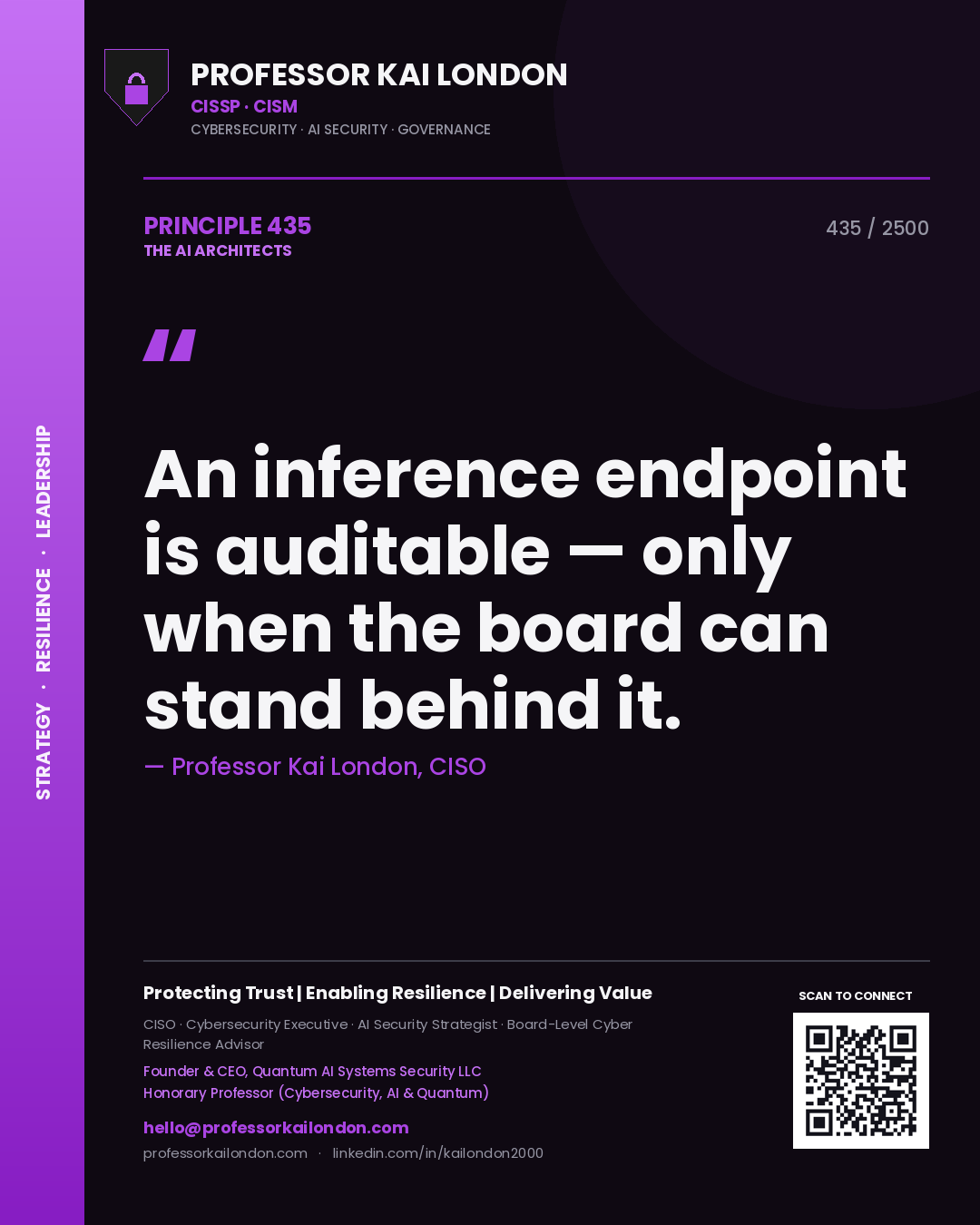 Quote card by Professor Kai London reading 'An inference endpoint is auditable — only when the board can stand behind it.'. From the book The AI Architects.